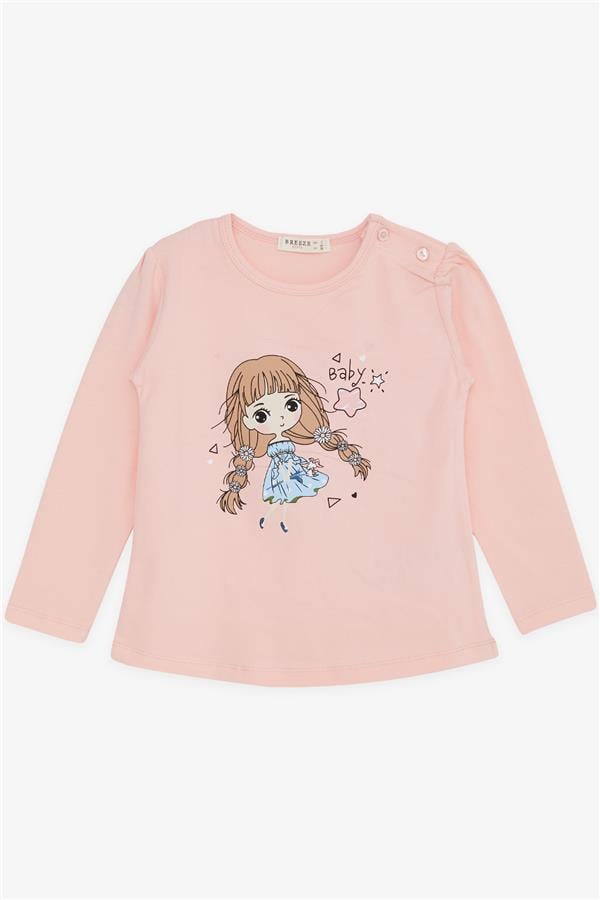 Baby Girl Long-Sleeve T-Shirt with Floral Girl Print, Salmon (1-2 Years)