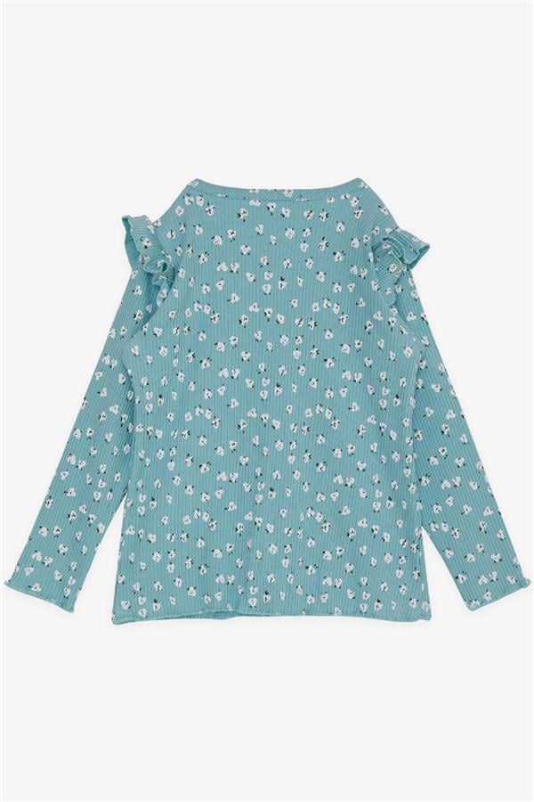 Girls' Long-Sleeve T-Shirt with Floral Pattern and Ruffled Shoulders, Aqua Green (Ages 2-6)