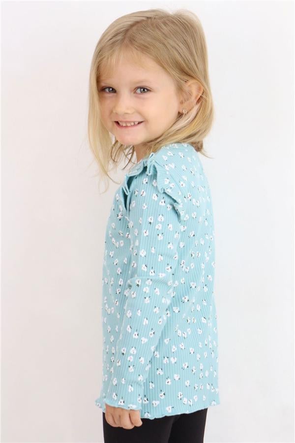 Girls' Long-Sleeve T-Shirt with Floral Pattern and Ruffled Shoulders, Aqua Green (Ages 2-6)