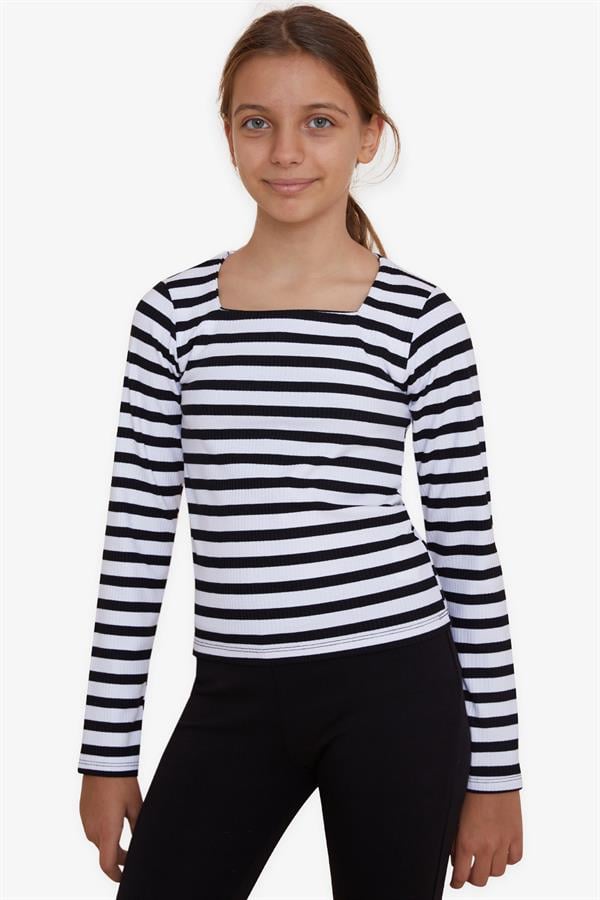 Girls' Long-Sleeve T-Shirt, Striped Square Neck, Mixed Colors (Ages 9-14)