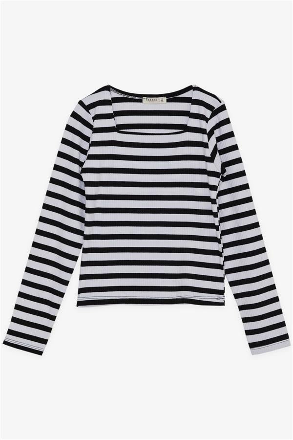 Girls' Long-Sleeve T-Shirt, Striped Square Neck, Mixed Colors (Ages 9-14)