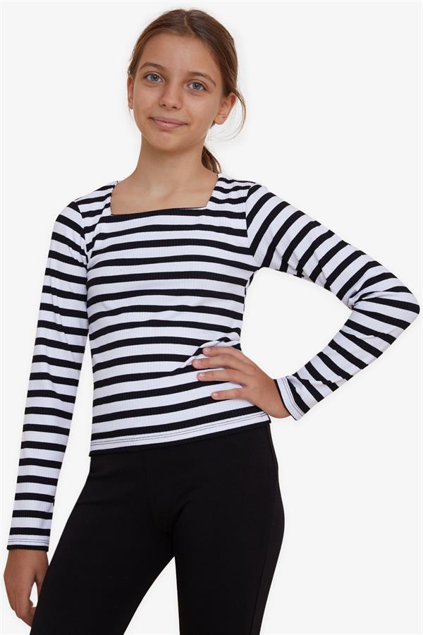 Girls' Long-Sleeve T-Shirt, Striped Square Neck, Mixed Colors (Ages 9-14)