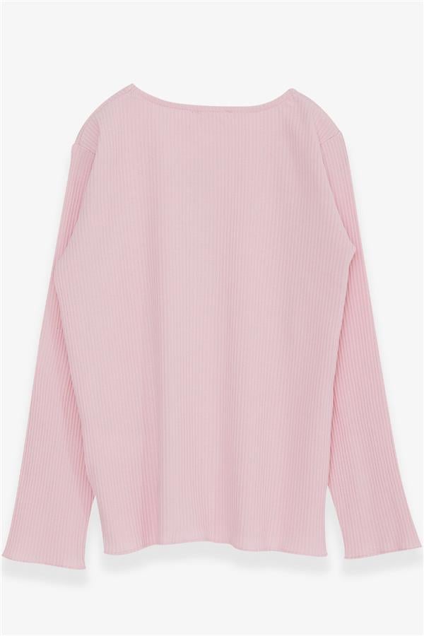 Girls' Long-Sleeve T-Shirt with Button Accessory, Powder Pink (Ages 8-14)