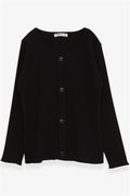 Girls' Long-Sleeve T-Shirt with Button Accessory, Black (Ages 8-9)