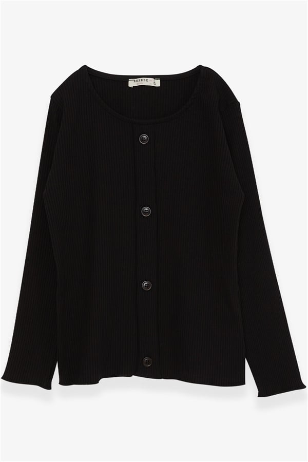 Girls' Long-Sleeve T-Shirt with Button Accessory, Black (Ages 8-9)