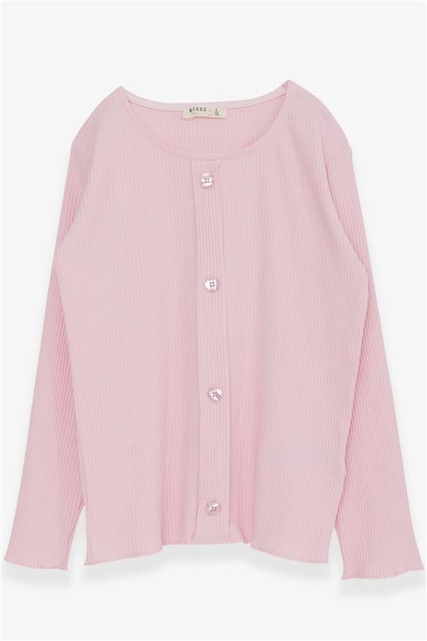 Girls' Long-Sleeve T-Shirt with Button Accessory, Powder Pink (Ages 8-14)