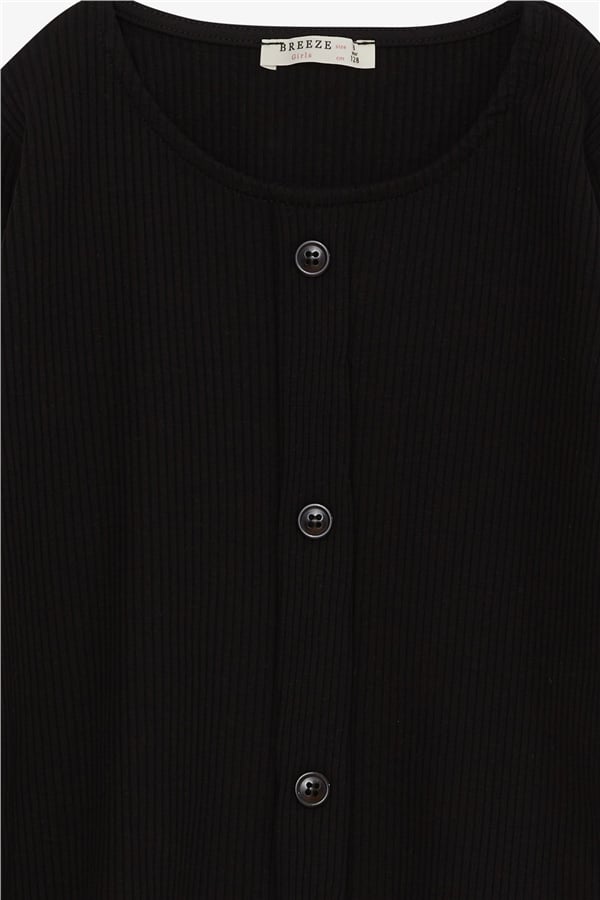 Girls' Long-Sleeve T-Shirt with Button Accessory, Black (Ages 8-9)