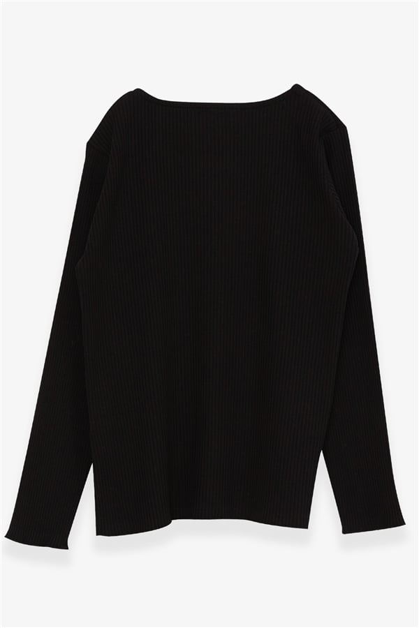 Girls' Long-Sleeve T-Shirt with Button Accessory, Black (Ages 8-9)