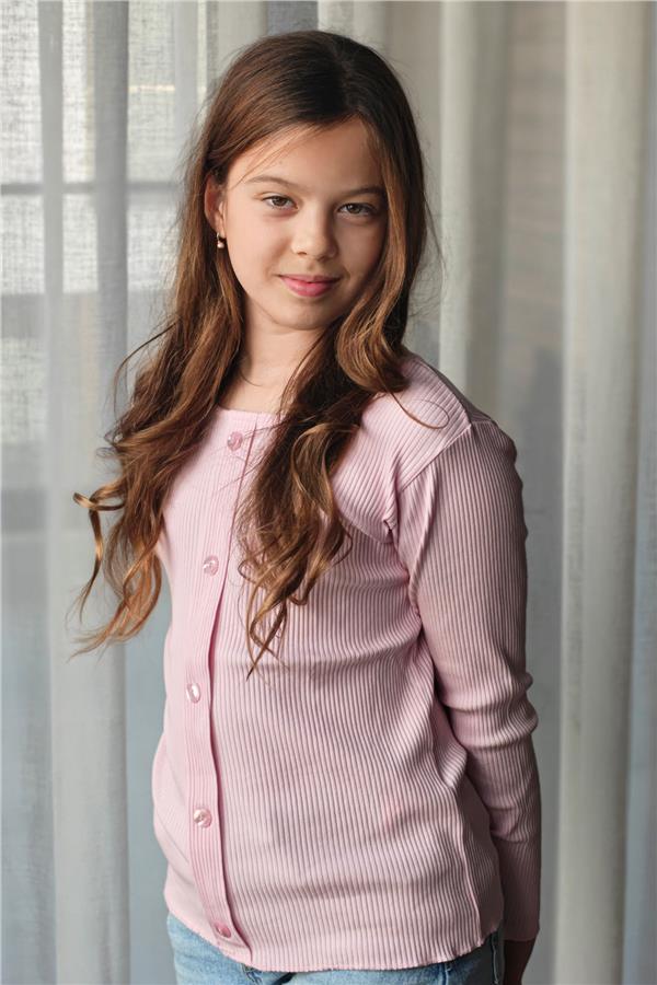 Girls' Long-Sleeve T-Shirt with Button Accessory, Powder Pink (Ages 8-14)