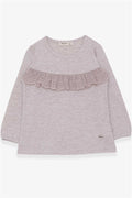 Girls' Long-Sleeved T-Shirt with Ruffles, Beige Melange (Ages 3-8)