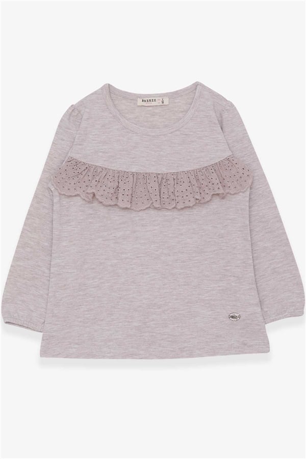 Girls' Long-Sleeved T-Shirt with Ruffles, Beige Melange (Ages 3-8)