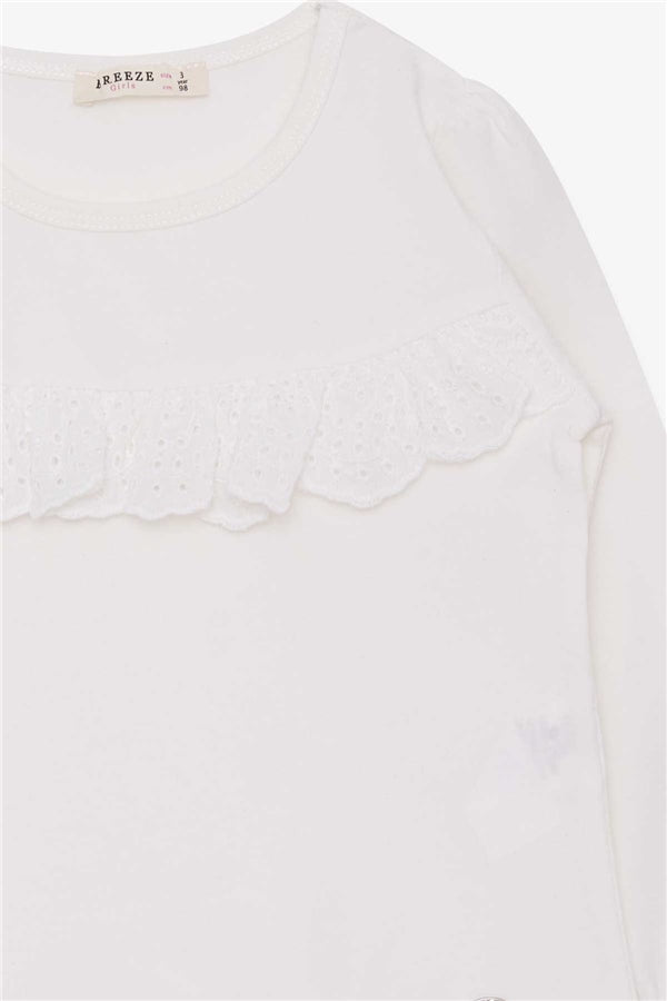 Girls' Long-Sleeved T-Shirt with Ruffles, Off-White (Ages 3-5)