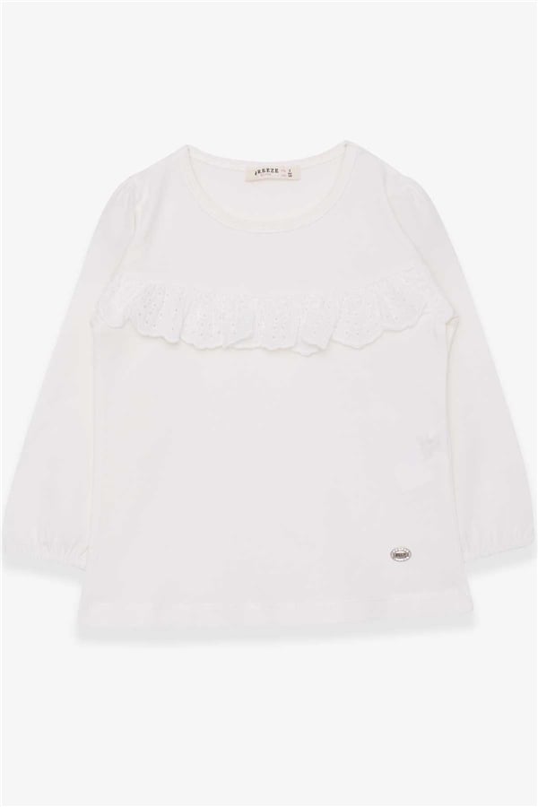 Girls' Long-Sleeved T-Shirt with Ruffles, Off-White (Ages 3-5)