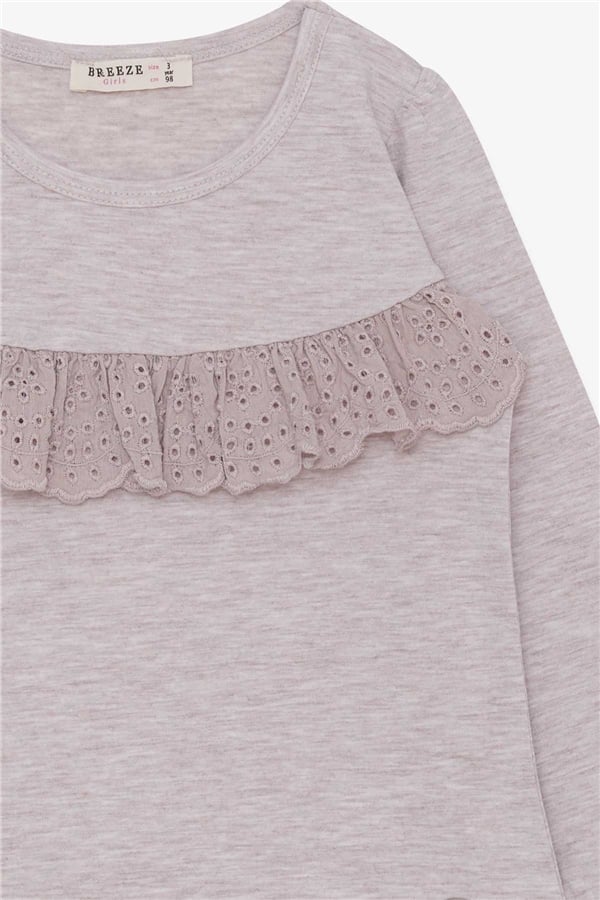 Girls' Long-Sleeved T-Shirt with Ruffles, Beige Melange (Ages 3-8)