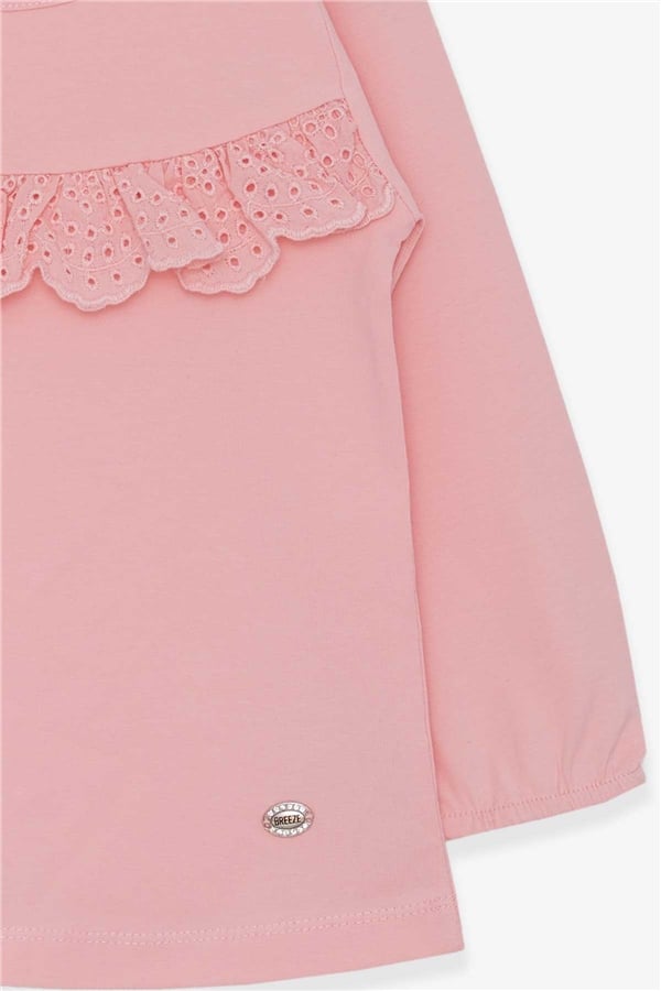 Girls' Long-Sleeved T-Shirt with Ruffles, Powder Pink (Ages 3-4)