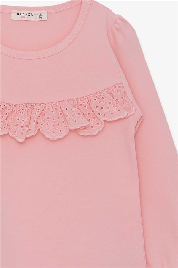 Girls' Long-Sleeved T-Shirt with Ruffles, Powder Pink (Ages 3-4)
