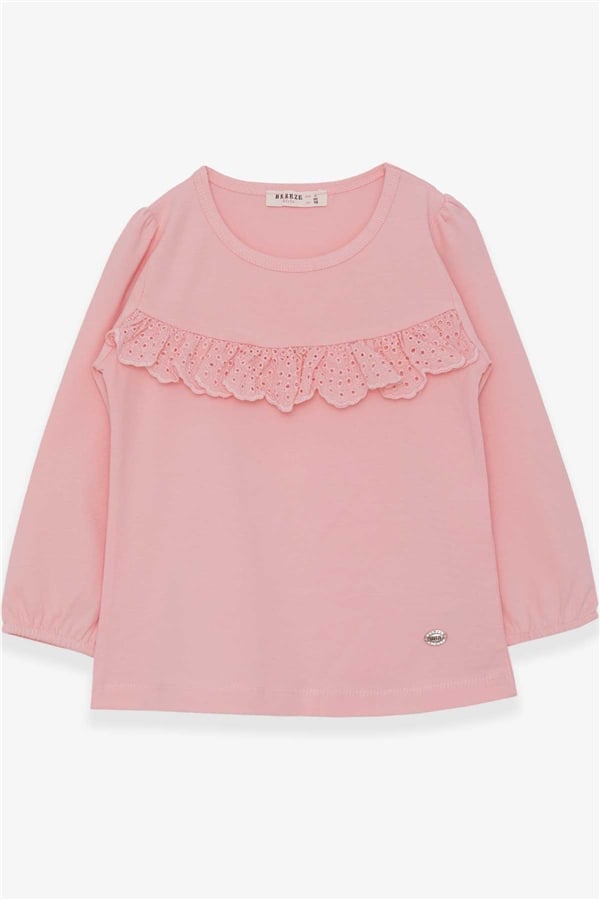 Girls' Long-Sleeved T-Shirt with Ruffles, Powder Pink (Ages 3-4)