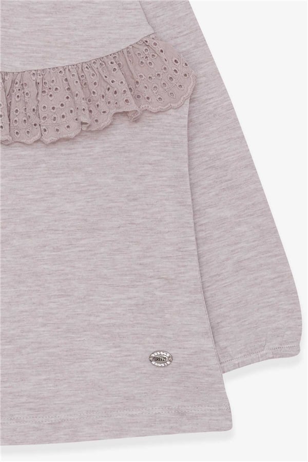 Girls' Long-Sleeved T-Shirt with Ruffles, Beige Melange (Ages 3-8)