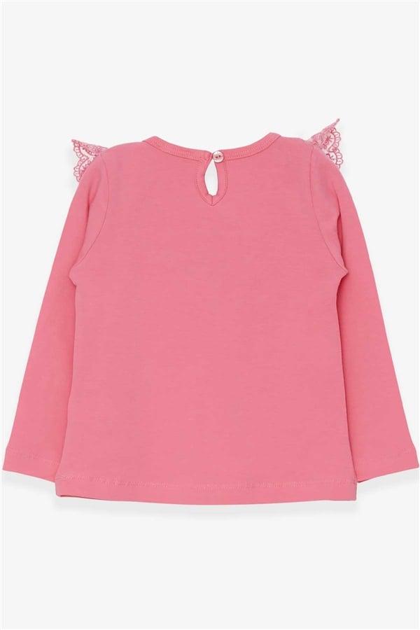Girls' Long-Sleeved T-Shirt with Bow and Lace Trim, Coral Color (1.5-5 Years)