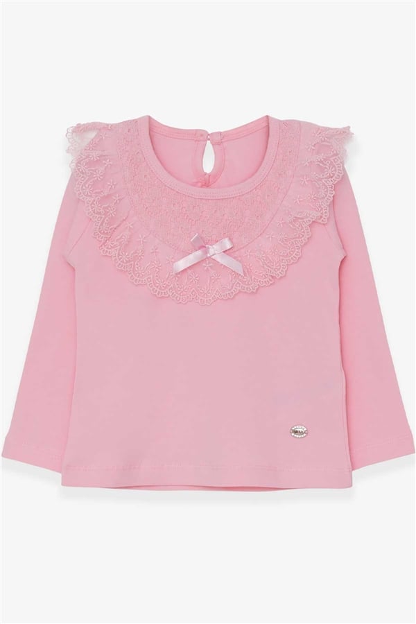 Girls' Long-Sleeved T-Shirt with Bow and Lace Trim, Powder Pink (1.5-5 Years)