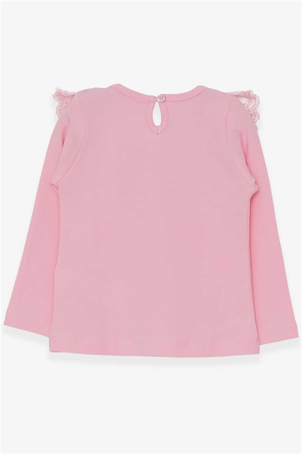 Girls' Long-Sleeved T-Shirt with Bow and Lace Trim, Powder Pink (1.5-5 Years)