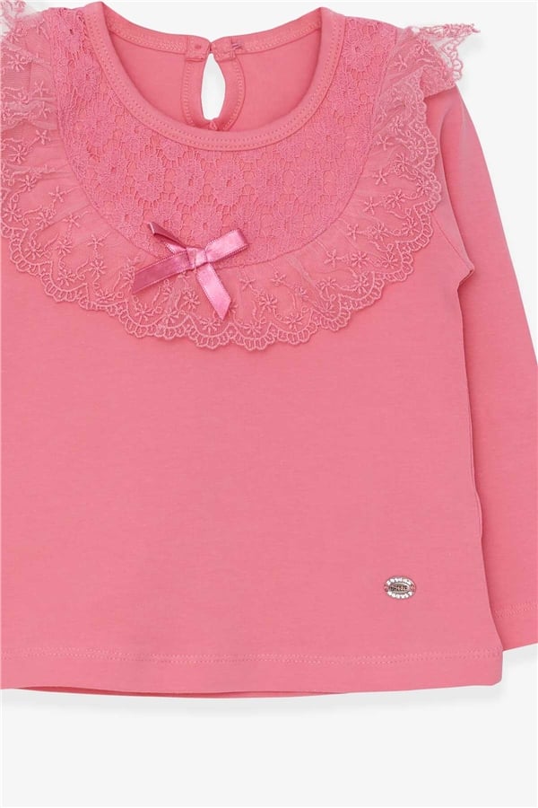 Girls' Long-Sleeved T-Shirt with Bow and Lace Trim, Coral Color (1.5-5 Years)