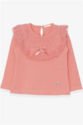 Girls' Long-Sleeved T-Shirt with Bow and Lace Trim, Salmon Color (1.5-5 Years)