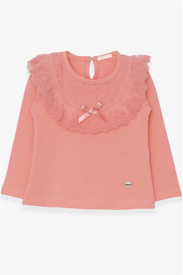 Girls' Long-Sleeved T-Shirt with Bow and Lace Trim, Salmon Color (1.5-5 Years)