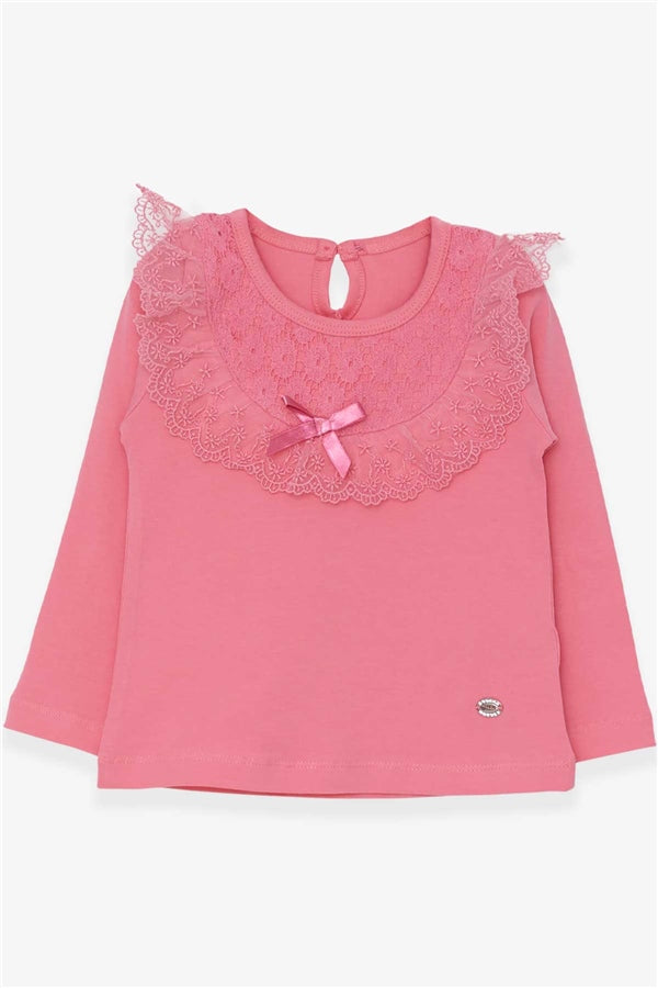 Girls' Long-Sleeved T-Shirt with Bow and Lace Trim, Coral Color (1.5-5 Years)