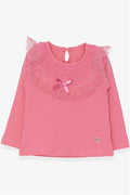 Girls' Long-Sleeved T-Shirt with Bow and Lace Trim, Coral Color (1.5-5 Years)
