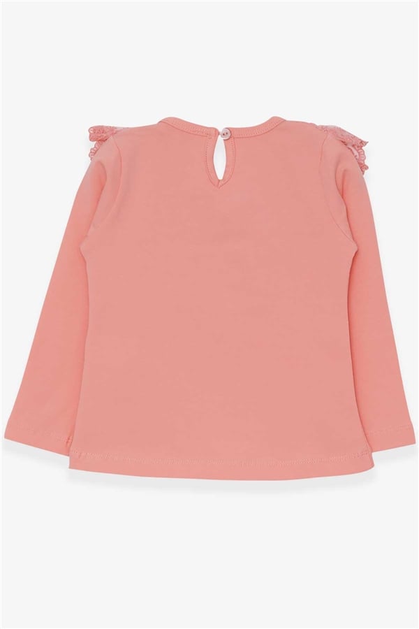 Girls' Long-Sleeved T-Shirt with Bow and Lace Trim, Salmon Color (1.5-5 Years)