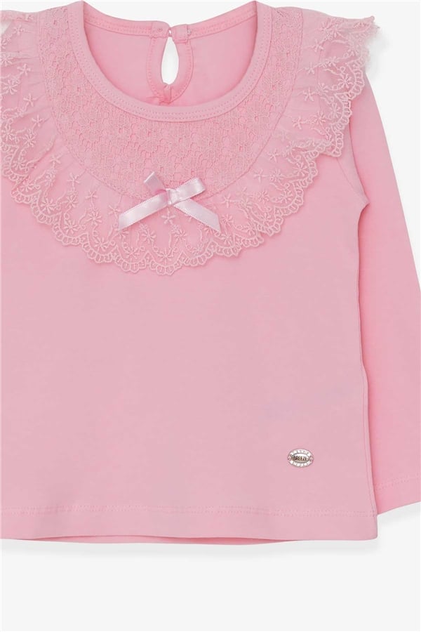 Girls' Long-Sleeved T-Shirt with Bow and Lace Trim, Powder Pink (1.5-5 Years)