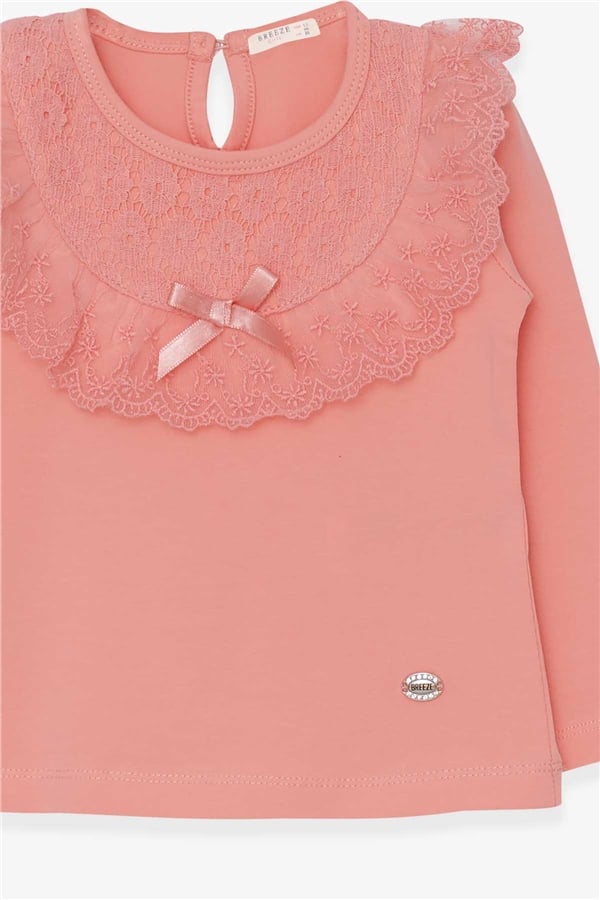 Girls' Long-Sleeved T-Shirt with Bow and Lace Trim, Salmon Color (1.5-5 Years)