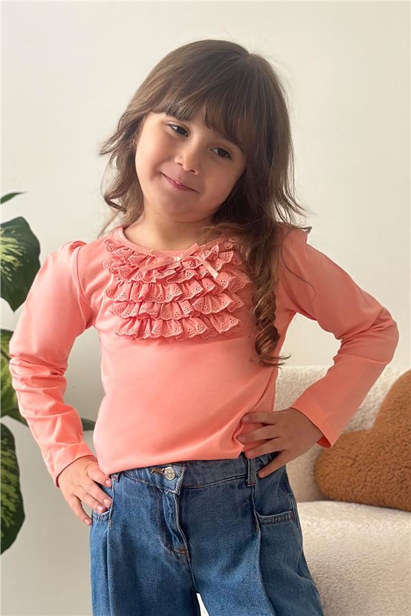 Girls' Long-Sleeved T-Shirt with Lace and Bow, Salmon Color (Ages 3-8)