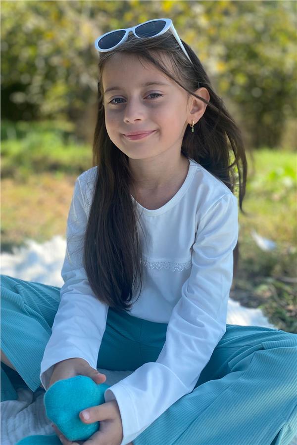 Girls' Long-Sleeved T-Shirt with Lace Trim, Ecru (Ages 2-6)