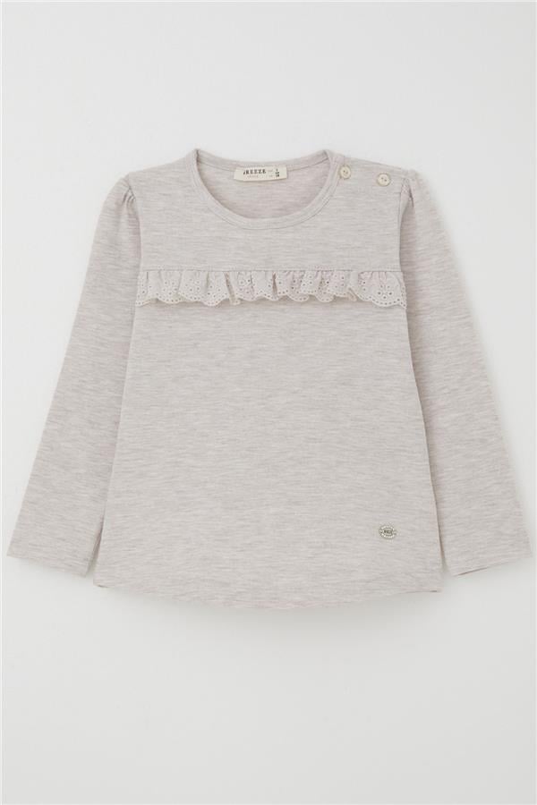 Girls' Long-Sleeved T-Shirt with Lace Trim, Beige Melange (Ages 1-4)