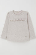 Girls' Long-Sleeved T-Shirt with Lace Trim, Beige Melange (Ages 1-4)