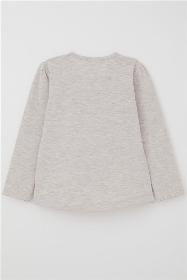 Girls' Long-Sleeved T-Shirt with Lace Trim, Beige Melange (Ages 1-4)