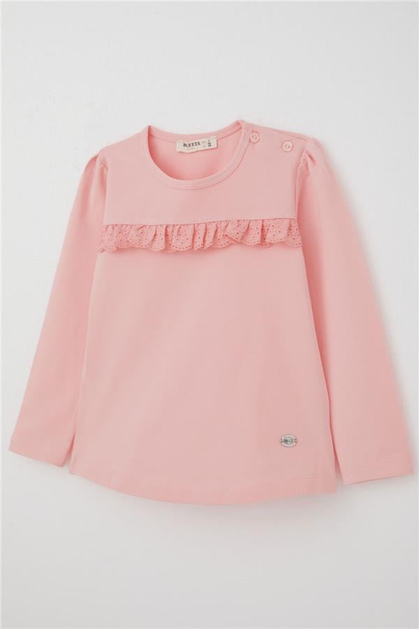 Girls' Long-Sleeved T-Shirt with Lace, Pink (Ages 1-4)