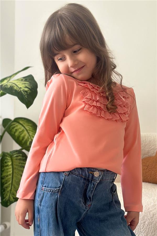 Girls' Long-Sleeved T-Shirt with Lace and Bow, Salmon Color (Ages 3-8)