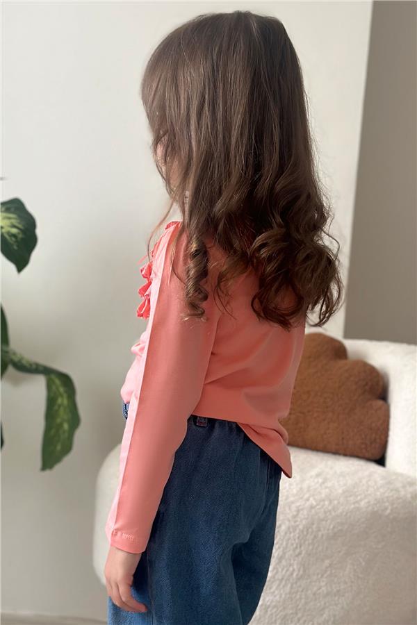 Girls' Long-Sleeved T-Shirt with Lace and Bow, Salmon Color (Ages 3-8)