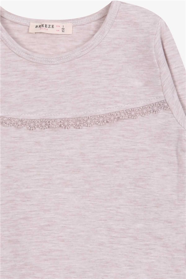 Girls' Long-Sleeved T-Shirt with Lace Trim, Beige Melange (Ages 2-6)