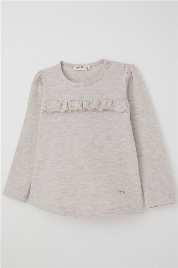Girls' Long-Sleeved T-Shirt with Lace Trim, Beige Melange (Ages 1-4)