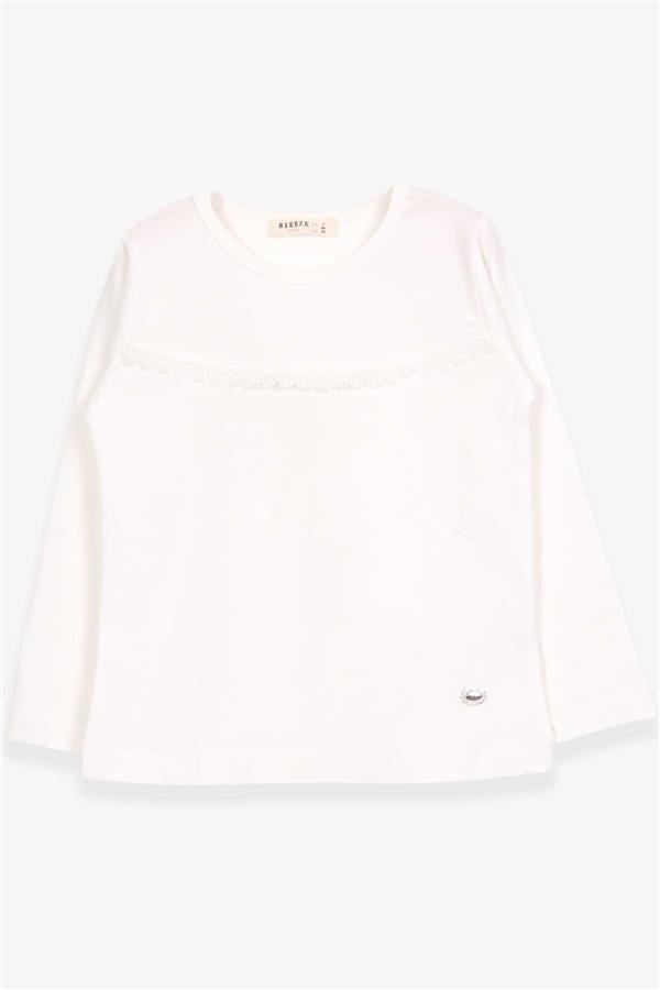 Girls' Long-Sleeved T-Shirt with Lace Trim, Ecru (Ages 2-6)
