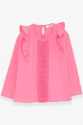 Girls' Long-Sleeved T-Shirt with Lace and Ruffles, Coral Color (3-4 Years)