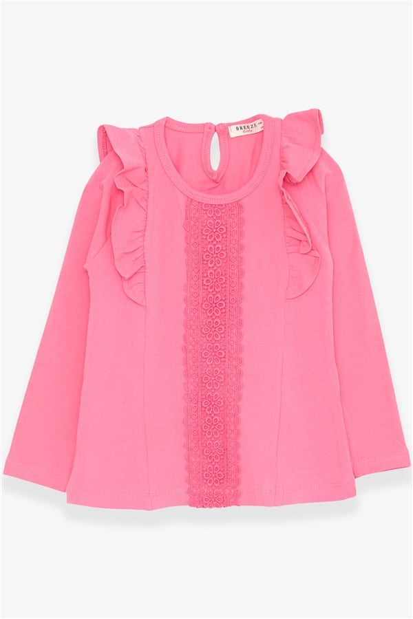 Girls' Long-Sleeved T-Shirt with Lace and Ruffles, Coral Color (3-4 Years)