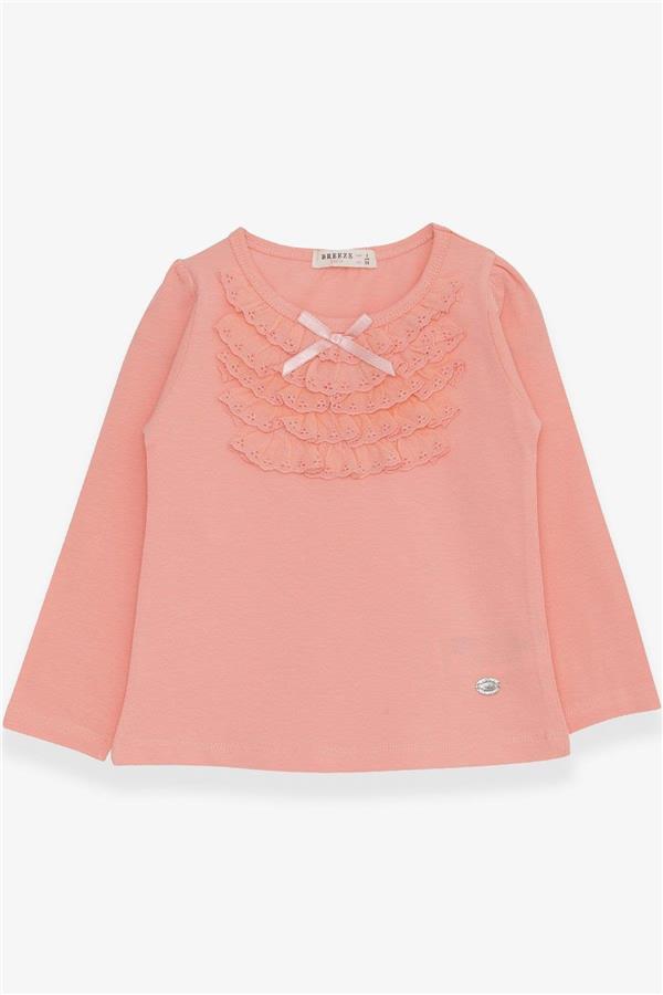 Girls' Long-Sleeved T-Shirt with Lace and Bow, Salmon Color (Ages 3-8)