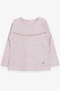 Girls' Long-Sleeved T-Shirt with Lace Trim, Beige Melange (Ages 2-6)