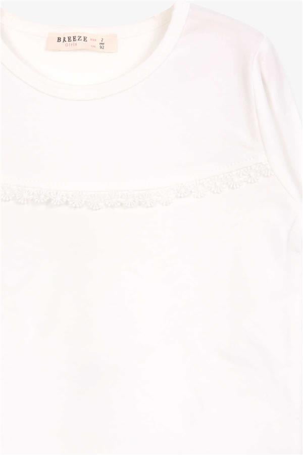 Girls' Long-Sleeved T-Shirt with Lace Trim, Ecru (Ages 2-6)
