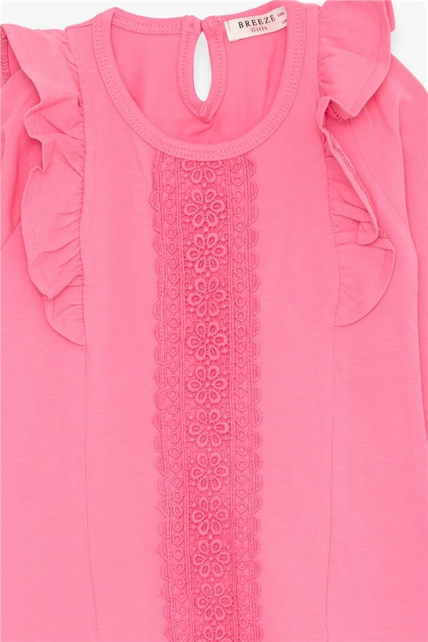 Girls' Long-Sleeved T-Shirt with Lace and Ruffles, Coral Color (3-4 Years)